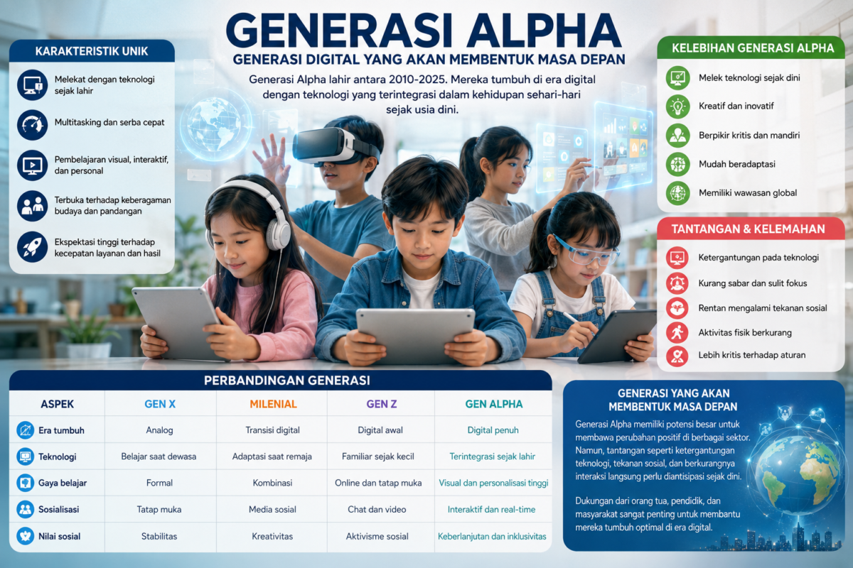 Generasi Alpha, perangkat pintar, kecerdasan buatan (AI), tablet, dan media sosial telah menjadi bagian dari kehidupan sehari-hari sejak usia dini